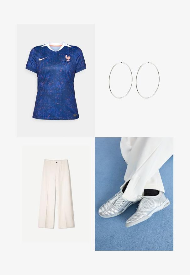 Nike ženska nogometna majica, plava s crvenim i ljubičastim pikselastim uzorkom, kratkih rukava, V-izreza, bijela ovratnik, s grbom i logom sprijeda.; Kreme hlače širokih nogavica s krojem koji je prilagođen, s dva prednja džepa i jednim prednjim zatvaranjem na gumb, izrađene od glatkog materijala.; Srebrne atletske tenisice s glatkom, sjajnom površinom, koje imaju šivani dizajn i broj 90 sa strane, u kombinaciji s bijelim hlačama.; Srebrne naušnice od obruča s glatkim, okruglim dizajnom i poliranim završetkom. Tanak su i lagani, s jednostavnim zatvaranjem.