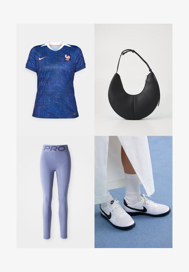Nike women's soccer jersey, blue with red and purple pixelated pattern, short sleeves, V-neck, white collar, features crest and logo on front.; Purple leggings made of stretchy material, featuring a wide waistband with "PRO" printed in darker purple and a small logo on the lower leg.; White Nike sneakers with black accents, featuring a smooth leather upper, white laces, and sturdy rubber outsoles, paired with white ribbed socks.; Black leather handbag in a crescent shape with a smooth texture, a single adjustable strap, and a zip closure on the side.