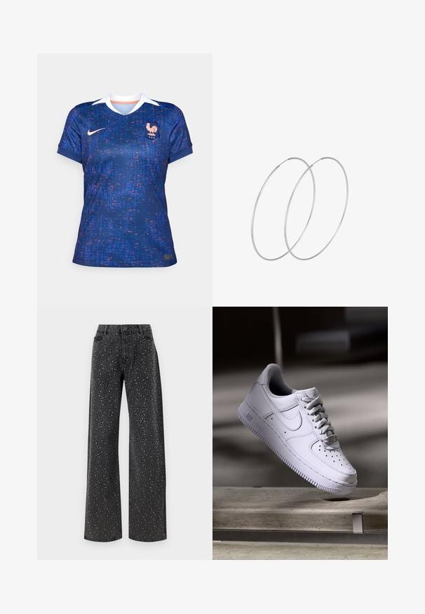 Nike ženska nogometna majica, plava s crvenim i ljubičastim pikselastim uzorkom, kratkih rukava, V-izreza, bijela ovratnik, s grbom i logom sprijeda.; Noisy May NMJANNEL LOOSE - Traperice opuštenog kroja - black denim; Bijela Nike Air Force 1 tenisica lebdi iznad betonske površine s sjenama u minimalističkom okruženju.; Srebrne okrugle naušnice s minimalističkim dizajnom. Kružni oblik, glatka tekstura i tanak profil. Lagane s poliranim završetkom.