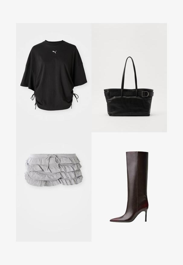 Musta lyhythihainen t-paita, joka on valmistettu puuvillasta ja jossa on pyöreä pääntie sekä sivupainonauhat säädettävää istuvuutta varten; valkoinen Puma-logo rinnassa.; Harmaa röyhelöskirt, jossa on kerroksellinen kangasdesign, naru vyötäröllä, pehmeä tekstuuri, viimeistellyt reunat ja valuva röyhelö.; Korkeavyötäiset ruskeat nahkasaappaat, joissa on terävä kärki, siloinen pinta ja stiletto-korko. Saumaulkoinen yksityiskohta sivuilla.; Musta nahkainen shoppailukassia, jossa on kaksi pitkää kahvaa, sileä pinta ja leveä hihna, jossa on solkilukko yläosassa.