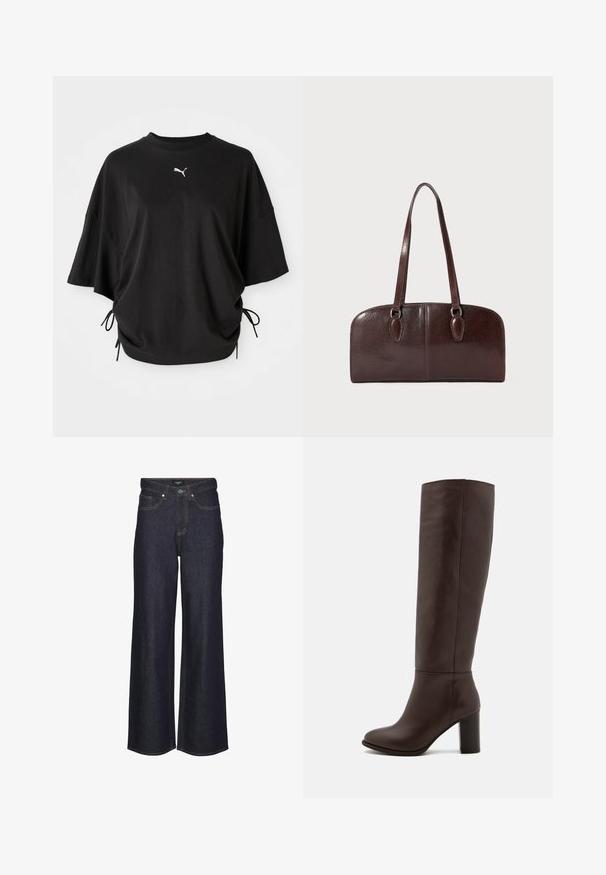 Zwarte korte mouwen t-shirt van katoen, met een ronde hals en zijkoordjes voor een verstelbare pasvorm; Puma-logo in het wit op de borst.; Hoge taille wijde jeans in donkerdenim. Kenmerkt klassieke stiksels, vijf zakken en een knoopsluiting aan de voorkant.; Bruine leren kniehoog laars met een blokhak, gladde textuur, ronde neus en minimale stikseldetails.; Bruine leren handtas met twee lange handvatten, een gestructureerde rechthoekige vorm, een gladde textuur en ronde randen. Beschikt over accentdetails bij de handvatten.