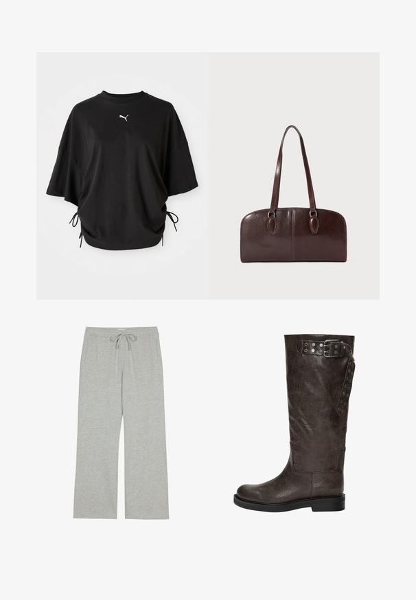 Czarny t-shirt z krótkim rękawem wykonany z bawełny, z okrągłym dekoltem i bocznymi sznurkami do regulacji dopasowania; białe logo Pumy na klatce piersiowej.; Jasnoszare dresy wykonane z miękkiego, strukturalnego materiału, z elastycznym paskiem na sznurek i bocznymi kieszeniami; szeroki, luźny krój.; Brązowy skórzany botek do kolan o teksturowanym wykończeniu, z klamrą i zapięciem na napy po boku oraz płaską gumową podeszwą.; Brązowa skórzana torebka z dwoma długimi uchwytami, o strukturalnym prostokątnym kształcie, gładkiej fakturze i zaokrąglonych krawędziach. Posiada akcentowane detale przy uchwytach.