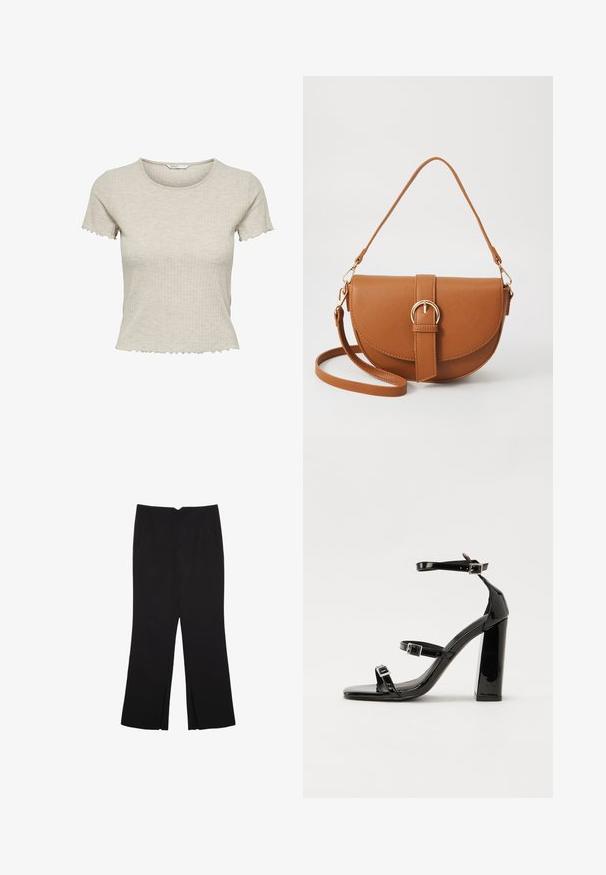 Beiges, geripptes T-Shirt mit kurzen Ärmeln in taillierter Form und welligem Saum, mit rundem Ausschnitt und weicher Textur.; Schwarze Hose mit geradem Schnitt, ausgestattet mit Fronttaschen und Seitenschlitzen am Saum. Hergestellt aus weichem, glattem Stoff. Geeignet für verschiedene Anlässe.; Schwarze Lackleder-Sandalen mit hohen Absätzen, zwei Riemen mit Schnallen, quadratischer Zehenpartie und klobigem Blockabsatz, mit einer glatten, glänzenden Textur.; Braune Leder-Crossbody-Tasche mit geschwungener Form, goldfarbenen Beschlägen und einer Schnallenakzentuierung. Verfügt über einen abnehmbaren Schultergurt.