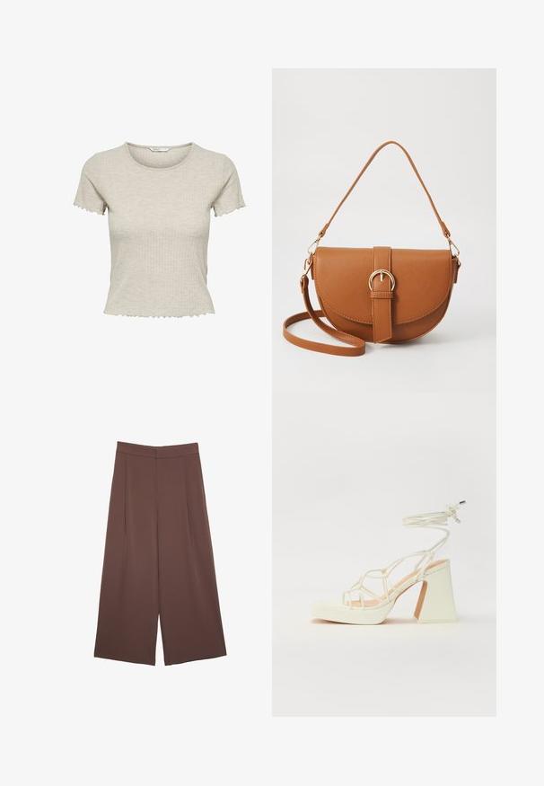 Beżowa, prążkowana koszulka z krótkim rękawem o dopasowanym kształcie i falbaniastym dolnym wykończeniu, z okrągłym dekoltem i miękką fakturą.; Brązowe spodnie o szerokich nogawkach z gładką fakturą, z wysokim stanem i plisami z przodu. Materiał jest lekki i luźno opada.; Biała sandał na wysokim obcasie z masywnym słupkiem, z paskowym wzorem i wiązaniem przy kostce. Gładka faktura z platformą z przodu dla dodatkowej wysokości.; Brązowa skórzana torba na ramię o zaokrąglonym kształcie, ze złotymi akcentami i zapięciem w formie klamry. Posiada odpinany pasek na ramię.