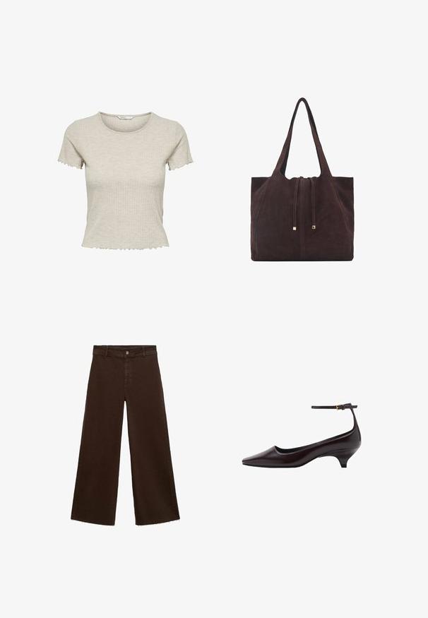 Beige ribbed short-sleeve t-shirt with a fitted shape and wavy hemline, featuring a round neckline and soft texture.; Brown wide-leg trousers in cotton blend, featuring a frayed hem, front button closure, and classic five-pocket design. Minimalistic and versatile.; Dark brown pointed-toe leather kitten heel shoe with a thin ankle strap and a small gold buckle.; Mango Tote bag - dark brown