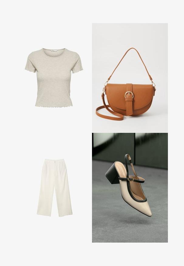 Bež majica kratkih rukava s rebrastim uzorkom, prilagođenog kroja i valovitom rubu, s okruglím izrezom i mekanom teksturom.; Hlače širokih nogavica od kremaste tkanine s glatkom teksturom, s jednim prednjim gumbom, suptilnim plitvicama i visokim strukom.; Bež cipele s otvorenom petom i šiljastim vrhom, crnim obrubom, zlatnom kopčom i debelim blok-petom na sivom podu s tamnozelenom pozadinom.; Smeđa kožna torba preko tijela s zakrivljenim oblikom, zlatnim metalnim detaljima i naglaskom na kopču. Ima odvojivu naramenicu.