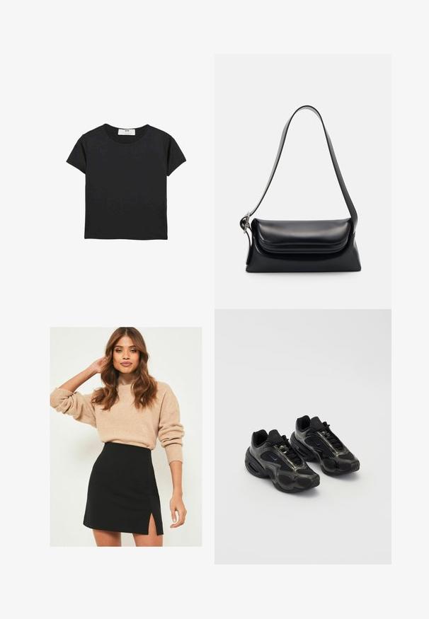 Čierne tričko s krátkym rukávom vyrobené z mäkkej bavlny, s okrúhlym výstrihom a voľným strihom. Žiadne viditeľné vzory ani akcenty.; Béžový pletený sveter s rebrovanými manžetami v kombinácii s čiernou mini sukňou s postranným rozparkom. Oblečenie má uvoľnený a zároveň priliehavý strih.; Čierne športové topánky so syntetickým materiálom, sieťovanými akcentmi a zaoblenými podrážkami. Majú šnurovací systém a výrazné logo Nike na jazyku.; Čierna kožená kabelka so štruktúrovaným tvarom, hladkou textúrou a jedným ramenným popruhom. Obsahuje jemný, zaoblený dizajn klapky.; Strieborné quartz hodinky Casio s obdĺžnikovým ciferníkom, analógovým a digitálnym zobrazením, nerezovým remienkom a vodoodolnými vlastnosťami.