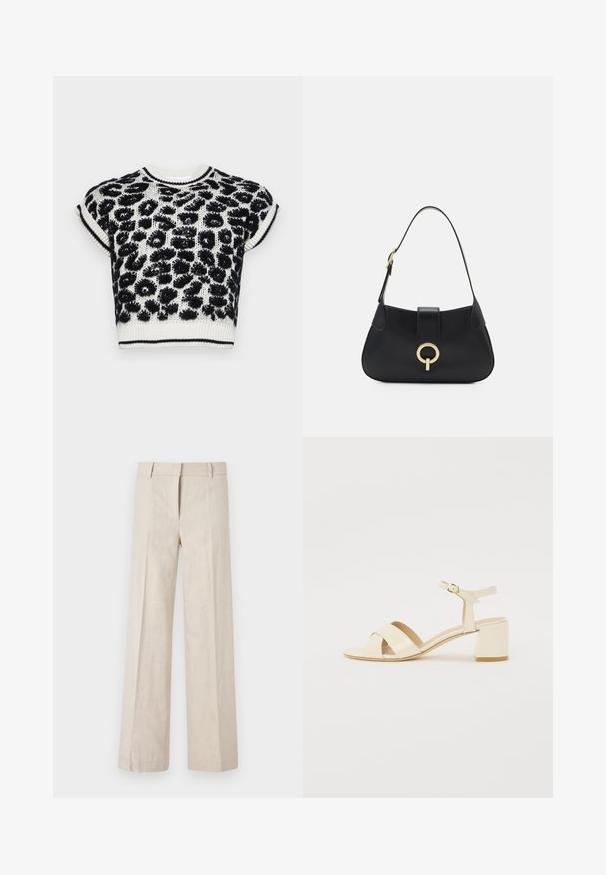 Lühikeste varrukatega lõhemus, mis featuring must-valge leopardimustri, ribadega kaeluse ja ääre äärealal.; Beežid laiade jalgade püksid kergest kangast, millel on sile tekstuur ja puhtad eesplekid. Vöökoht on kohandatud vöötaskutega.; Beež patentnahast kontsaga sandaalid, millel on risti rihmad, avatud varvas, reguleeritav pahkluu riba ja plokk-konts. Sile tekstuur.; Must musta nahkrahakott, millel on kaarjas siluett, lühike rihm, keskmise kullatooni metalldetail ja sile tekstuur. Pole nähtavaid mustreid ega lisandeid.