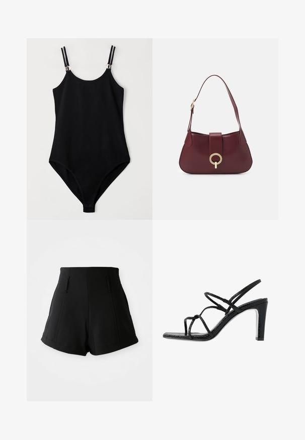 Costum de baie negru cu un design ajustat, dotat cu bretele reglabile și accente din metal argintiu la umeri. Material neted și texturat.; Bluză neagră cu decolteu în V fronsat, mâneci lungi tip balon și închidere cu nasturi. Confeționată dintr-un material neted cu un ușor luciu.; Pantaloni scurți negri cu talie înaltă, confecționați dintr-un material neted, având două buzunare frontale, o croială ajustată și linii curate, simple.; Sandale negre cu toc, cu barete subțiri, finisaj texturat, vârful deschis și un design elegant al tocului ascuțit. Au o talpă interioară netedă și o suprafață strălucitoare.; Geantă de mână din piele bordeaux, cu o formă curbă, un accent de hardware circular auriu și o curea de umăr simplă. Textură netedă, design minimalist.