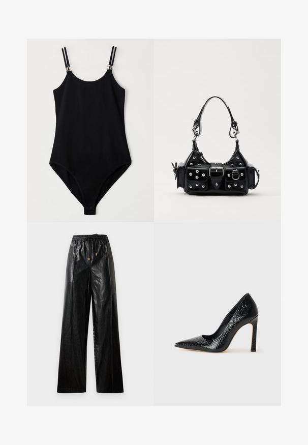 Zwart zwemkostuum met een aansluitend ontwerp, voorzien van verstelbare schouderbanden en zilveren hardwareaccenten op de schouders. Glad, textuurstof.; Zwarte leren wijde broek met een elastische tailleband, koord, en gouden hardware accenten. Heeft een gladde textuur en een losse pasvorm.; Zwarte puntige hoge hak schoen met een krokodillenleren textuur, met een slank ontwerp, hoge stiletto-hak, en een gladde zwarte binnenkant.; Zwarte lederen handtas met een gebogen ontwerp, voorzien van zilveren studs, een gesp en twee zijvakken. Verstelbare schouderband voor verschillende draagmogelijkheden.