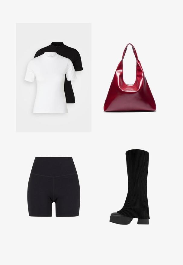 Even&Odd Petite 2 PACK - T-shirts basic - white/black; Sorte højtaljede shorts lavet af strækbart stof. Har en elastisk talje, glat tekstur og midt på låret længde med et sømløst design.; Sort knæhøj støvle med en ribbet stofoverdel, chunky platformsål og blokhæl, der har en glat tekstur og et elegant, moderne design.; Rød blank lædertaske med en trekantet form, bred åbning foroven og et enkelt buet håndtag. Glat tekstur med minimale sømdetaljer.