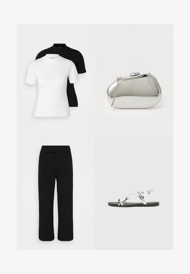 Even&Odd Petite 2 PACK - Lihtne T-särk - white/black; Mustad laiad püksid, mis on valmistatud siledast kangast, sirge esiotsaga, vööloopide ja nähtamatute taskuteta. Puhtad, vormikohased jooned.; Hõbedased metallilised sandaalid minimalistliku disainiga, millel on õhukesed rihmad ja must lamellõhk. Tunnusjoonte hulka kuuluvad risti asetatud rihmad.; Hõbe metallist kott, millel on ümar ja sile kuju. Varustatud klambriga sulgemisega ja eemaldatava kettpaelaga. Peegeldav pind, ilma mustriteta.