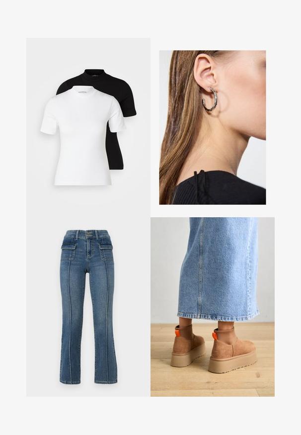 Even&Odd Petite 2 PACK - Paprasti marškinėliai - white/black; ONLY Petite ONLWAUW MID WAIST FLARED - Platėjantys džinsai - medium blue denim; Rudos zomšiniai platforminiai batai su elastingomis šoniniais panirais ir oranžinėmis kilpomis, derinami su kelio ilgio šviesių džinsų sijonu ant medinių grindų.; Sidabrinė lankinė auskarai su poliruotu paviršiumi, turintys mažus auksinius akcentus ir apvalią formą, dėvimi ant ausies kaušelio.