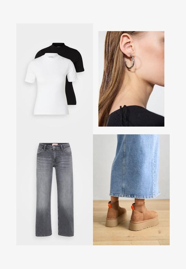 Even&Odd Petite 2 PACK - T-shirt basic - white/black; Grijze denim jeans met een recht gesneden ontwerp, vijf zakken stijl, subtiele vervaging en een knoopsluiting in de taille.; Bruine suède platformlaarzen met elastische zijkanten en oranje trekbandjes, gecombineerd met een lichtdenim rok tot de knie op een houten vloer.; Zilveren oorbel met een gepolijste afwerking, met kleine gouden accentdetails en een ronde vorm, gedragen op de oorlel.