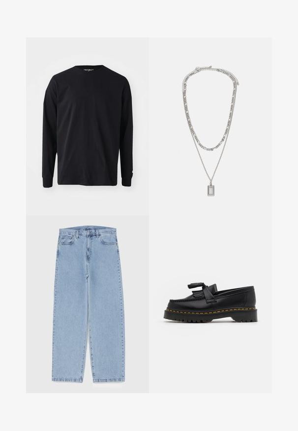 Black long-sleeve t-shirt made of cotton, featuring a round neckline and straight cut, with a small logo detail on the sleeve.; Light blue denim jeans with straight leg design, featuring a mid-rise waist, five pockets, and a button and zipper closure.; Black leather loafer with a tasseled accent, featuring a chunky black sole and yellow stitching along the edge. Textured finish.; Silver necklace with two layered chains; features a rectangular pendant with a smooth surface, showcasing a polished metal finish.