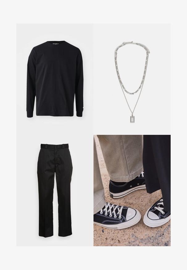 Fekete, hosszú ujjú póló, pamutból készült, kerek nyakkivágással és egyenes fazonnal, az ujján egy kis logó részlettel.; Fekete nadrág sima anyagból, egyenes szárú kialakítással, övhurkokkal és két oldalsó zsebbel. Klasszikus megjelenés díszítések nélkül.; Fekete vászon sportcipők fehér gumi orral és fűzőkkel. A kontrasztos varrás és fém fűzőlyukak részletet adnak. Bézs nadrággal és fekete anyaggal hordva.; Ezüst nyaklánc, amely két rétegű láncból áll; jellemzője egy sima felületű, téglalap alakú medál, amely csillogó fémes bevonattal rendelkezik.