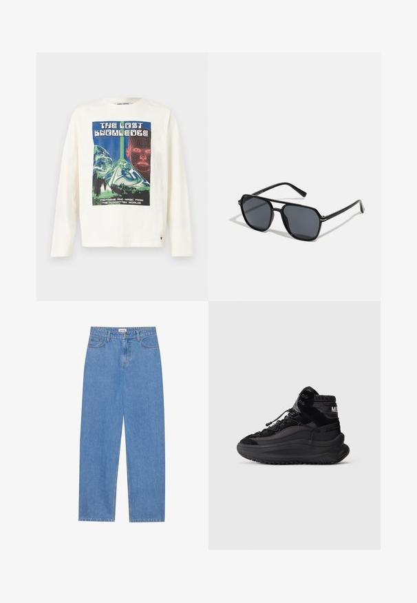 Kremfarget langermet t-skjorte med et fargerikt grafisk trykk med tittelen "Det tapte kunnskap", som viser et pyramide- og digitale ansiktselementer.; Lyseblå denimjeans med rett snitt, fem lomme-design, enkelt knappelukking og subtile sømdetaljer.; Svart høy-top sneakers med tykk såle, snøring foran, polstret ankelkrage og teksturerte sidepaneler på en enkel lys bakgrunn.; Sorte solbriller med ottekantet ramme, mørke linser, blank finish, tynde stænger og guld accenter på fronten.