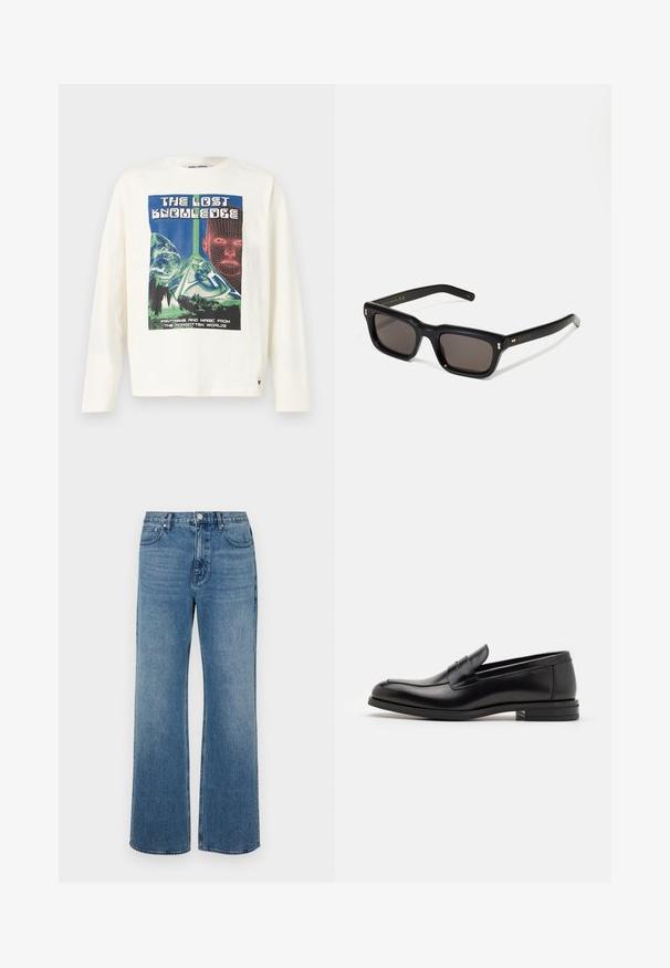 Krém színű, hosszú ujjú póló, amelyen "Az Elveszett Tudás" címmel ellátott színes grafikai nyomat található, pálma és digitális arc elemek ábrázolásával.; Széles lábú, koptatott kék farmernadrág. Öt zsebből, elülső gombos záródásból és egyenes szabásból áll.; Fekete bőr loaferek sima textúrával, kerek orral és dekoratív pánttal a vampnál. Alacsony, rétegelt sarkú, minimalista dizájn.; Fekete téglalap alakú napszemüveg sötét lencsékkel, vastag műanyag keret, arany díszítések a szárakon, és a márka logója gravírozva a szára.