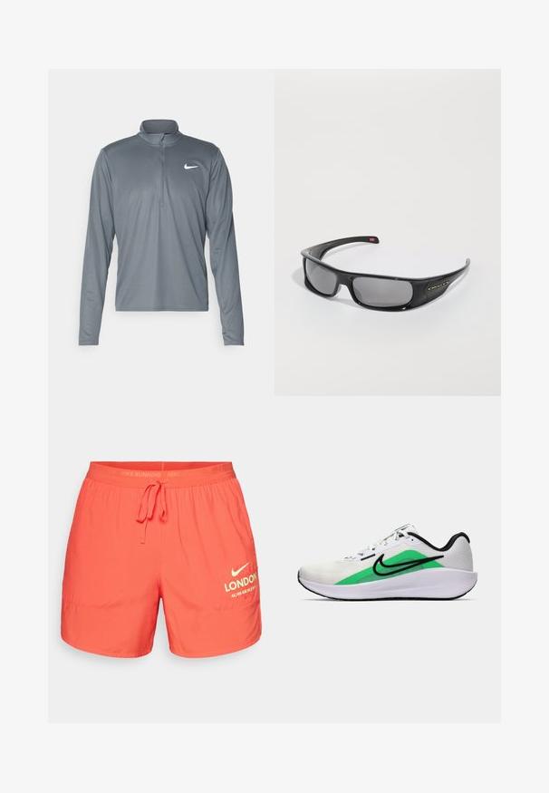 Pilkos ilgomis rankovėmis Nike sportinis marškinėliai su ketvirčio užtrauktuku. Pagaminti iš lygaus, lengvo audinio, turi mažą baltą logotipą ant krūtinės.; Nike bėgimo šortai, ryškiai koralinės spalvos, lengvas medžiagas, elastinga juosmens juosta su raišteliu, turi užrašą "LONDON" ir maratono atstumo informaciją.; Balti sportiniai batai su žalia akcentu, juodu logotipu, tinklinė viršutinė dalis, paminkštintas padas ir suapvalintas kulnas. Yra raišteliai ir kontrastingos detalės.; Juodos Oakley apvalios saulės akinių su tamsiais stačiakampiais objektyvais ir kreivomis rankenomis ant paprasto balto fono.