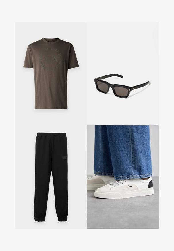 Olivnozelena bombažna majica s krožnim izrezom in kratkimi rokavi, z embosiranim logotipom v krožnem vzorcu spredaj.; Črne trenirke z elastičnim pasom in obritimi gležnji, ki vključujejo stranske žepke in strukturiran logotip na zgornji levi nogi.; Bela in črna športna obuvala z gladkim usnjenim zgornjim delom, teksturiranimi detajli in masivnim belim podplatom. Imajo klasičen dizajn z vezalkami.; Črne pravokotne sončna očala s temnimi lečami, debelim plastičnim okvirjem, zlatimi detajli na templjih in izgravirano blagovno znamko na ročaju.