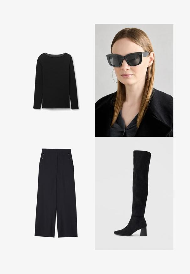 Zwarte lange mouwen top van zacht materiaal. Heeft een ronde halslijn en een rechte onderkant met zijsplitten. Soepele textuur, minimalistisch ontwerp.; Zwarte wijde broek in donkerblauw materiaal, met een gladde textuur, voorplooien en decoratieve goudkleurige ogen op de zijzakken.; Zwarte suède kniehoge laars met blokhak, spitse neus en een glad, naadloos ontwerp op een effen lichte achtergrond.; Zwarte cat-eye zonnebril met donkere lenzen, dikke monturen en subtiele accenten. Draagt een zwarte jas en een grijze top, met lang stijl haar.