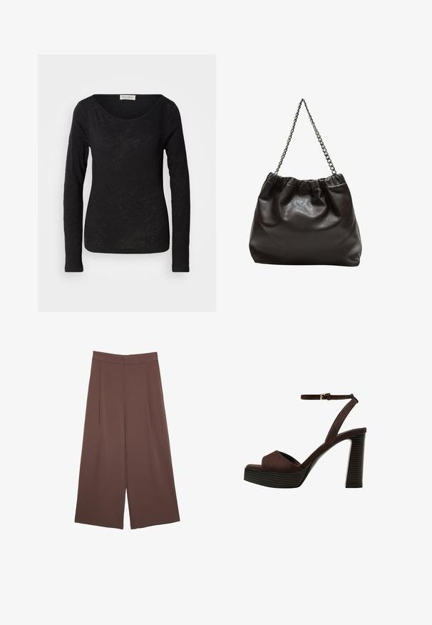 Svart långärmad topp gjord av ett lätt, texturerat tyg. Har en rundad halsringning och en figurnära silhuett med minimal detaljering.; Bruna vida byxor med en slät textur, som har hög midja och framfickor. Tyget är lätt och flödar löst.; Bruna mocka högklackade sandaler med öppen tå, justerbar vristrem och en randig plattformssula.; Brun läderväska med rynkad topp och kedjesnodd. Slät textur med en blankslipad yta och subtila sömdetaljer på sidorna.