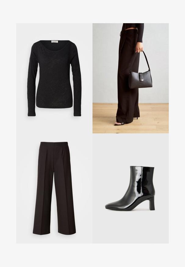 Fekete, hosszú ujjú felső, könnyű, texturált anyagból készült. Mély kivágású nyakkivágással és testhezálló siluettel rendelkezik, minimális részletezéssel.; Fekete, bő szárú nadrág lapos elülső résszel, redőkkel és sima szövettextúrával. Magas derekú és testre szabott szabású, amely strukturált illeszkedést biztosít.; Fekete lakk bőrcipő bokáig érő, hegyes orral és közepes magasságú tömbsarokkal. Simább textúrával és minimalista dizájnnal rendelkezik.; Fekete kézi táska strukturált formával, sima textúrával és fémből készült záródással. Széles fekete nadrággal és nyitott orrú szandállal párosítva, fából készült padlón.