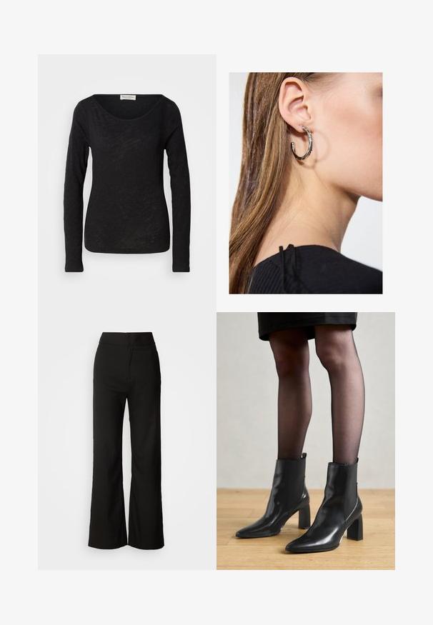 Juodas ilgomis rankovėmis viršus, pagamintas iš lengvo, tekstūruoto audinio. Turi apvalų iškirpimą ir prigludusią siluetą su minimaliais detalėmis.; Juodos plačios kelnės su lygiu paviršiumi, aukšta liemeni, ir švariu dizainu. Nėra matomų kišenių ar papuošimų.; Juodos odinės aulinės botai su smailiu priekiniu galiuku, masyviu kvadratiniu kulnu ir elegantišku dizainu. Yra elastingos šoninės detalės, kad būtų lengva užsidėti.; Sidabrinė lankinė auskarai su poliruotu paviršiumi, turintys mažus auksinius akcentus ir apvalią formą, dėvimi ant ausies kaušelio.