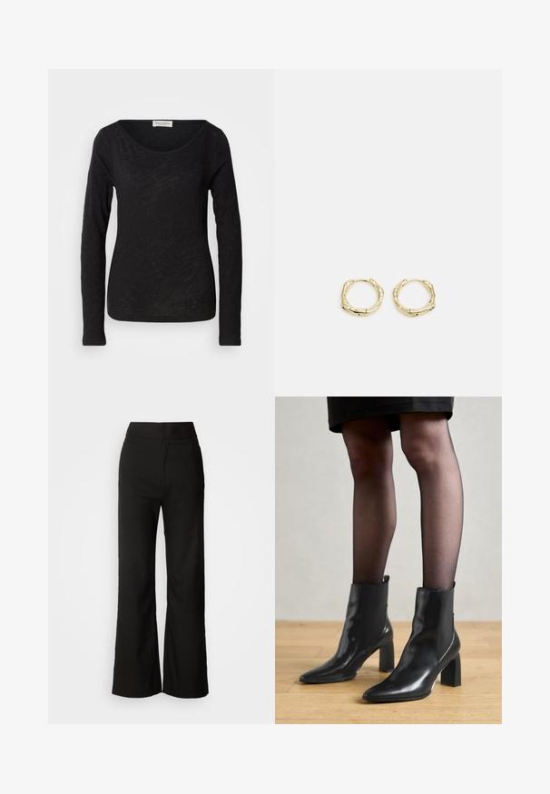 Črna dolga majica z dolgimi rokavi iz lahkega, teksturiranega materiala. Ima izrez v obliki kroga in oprijet kroj z minimalnimi detajli.; Črne široke hlače z gladko teksturo, visokim pasom in čistim dizajnom. Brez vidnih žepov ali okrasnih elementov.; Črne usnjene gležnjarje s koničastim nosom, masivnim kvadratnim petam in sleek oblikovanjem. Imajo elastične stranske panele za enostavno obuvanje.; Zlate obročaste uhane z teksturirano, nepravilno obliko. Imajo brezšivno zapiranje in poliširano površinsko obdelavo, kar poudarja sodoben dizajn.