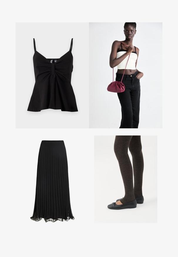 Črna brezrokavna majica z V-izrezom, nabranim sprednjim delom in razširjenim robom. Narejena je iz gladkega, elastčnega materiala s tankimi nastavljivimi naramnicami.; Črna plisirana maxi krila iz lahkega materiala s tekočim dizajnom. Ima obrobo z naborki in elastični pas za udobje.; Črne ravne čevlje z majhnim lokom na prstih, v kombinaciji s temno rjavimi rebrastimi nogavicami. Čevlji imajo gladko teksturo in nizko obliko.; Burgundska mehka torbica z zbranim dizajnom in dolgim trakom, nošena čez telo. Model nosi belo kratko majico in črne kavbojke.