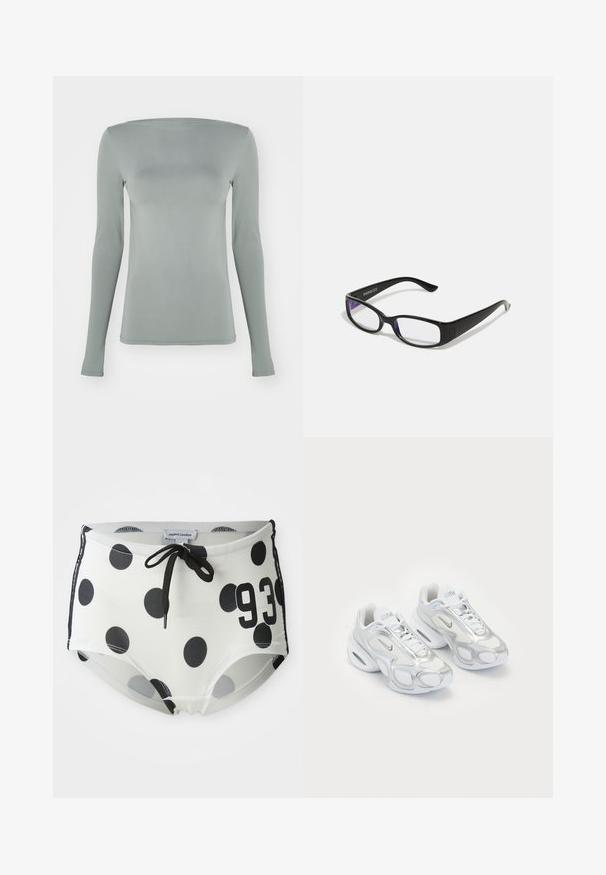 Długo rękawowy top w jasnoszarym kolorze, wykonany z elastycznego materiału. Charakteryzuje się dekoltem w łódź i dopasowanym krojem bez widocznych wzorów lub elementów metalowych.; Szorty kąpielowe w czarno-białe kropki z regulowanym paskiem w talii, z numerem "93" z przodu i gładkim, elastycznym materiałem.; Białe buty sportowe z siateczkową górą i srebrnymi akcentami, o unikalnym kształcie i poduszce powietrznej w pięcie. Wiązany design z logo.; Czarne prostokątne okulary z przezroczystymi soczewkami. Błyszczące wykończenie, wąskie ramiona i fioletowy odcień widoczny na krawędziach soczewek.