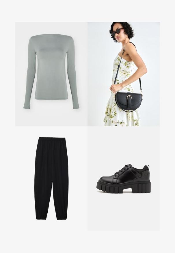 Langærmet top i lys grå, lavet af strækbart materiale. Har bådudskæring og tætsiddende silhuet uden synlige mønstre eller hardware.; Sort, lette bukser med elastisk talje og sammenfoldede ankler. Stoffet er glat og har et afslappet, indsnævret design.; Sorte læder platform sko med en klodset blokhæl, rund tå og traditionelt snøredesign. Har en glat tekstur og minimal detaljering.; Sort læderhåndtaske med en buet form, aftagelig rem og guldfinish. Tasken har en klap med en spænde detalje.