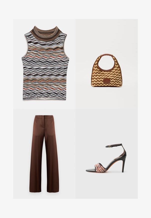 Top brez rokavov z visokim ovratnikom, ki prikazuje valovit vzorec v zemeljskih tonih rjave, bele in črne barve, izdelan iz mehkega, strukturiranega pletenega materiala.; Rjave hlače širokih nogavic iz gladkega, lahkega materiala, z ravnim sprednjim delom, brez žepov in s pravo silhueto.; Črne natikače s peto in trakcem okoli gležnja. Imajo teksturiran, večbarven drog čez prste. Gladek usnjen zaključek.; Tkanina iz slame v obliki zigzaga, rjav usnjen ročaj in podstavek ter pravokotna oznaka s logotipom spredaj.