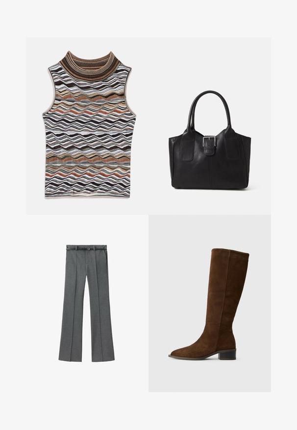 Top bez rukava s visokim ovratnikom, sa valovitim uzorkom u zemljanim tonovima smeđe, bijele i crne boje, izrađen od mekanog, teksturiranog pletenog materijala.; Sive prilagođene hlače ravnog kroja, od lagane tkanine, s petljama za remen i uskim remenom sa srebrnom kopčom.; Smeđi antilop čizmama do koljena s špicastim vrhom i debelim niskim potplatom. Glatka tekstura s čistim dizajnom i bez istaknutih metalnih dijelova.; Crna kožna torba za nošenje s glatkom teksturom, strukturiranim oblikom, dvije ručke i istaknutim srebrnim kopčanjem na prednjoj strani.