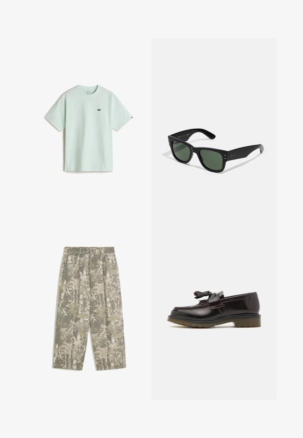 Licht mintgroen katoen t-shirt met een ronde hals, korte mouwen en een klein zwart Vans-logo op het linkerborstgebied.; Cargo broek met wijde benen in een groen en beige camouflagepatroon van bladeren en schors, met voorzakken en riemlussen.; Bruine leren instappers met een geweven ontwerp, een kwastje en een platte rubberen zool. Beschikt over een gladde afwerking en contrasterende stiksels.; Zwarte rechthoekige zonnebril met groene lenzen, matte afwerking, subtiele hardwareaccenten en een gegraveerd logo op de slaap.