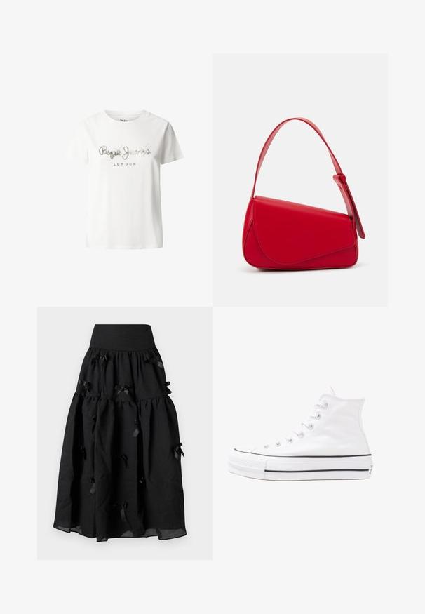 Camiseta de algodón blanca con mangas cortas, que presenta un logotipo metálico plateado que dice "Pepe Jeans LONDON" en el pecho, escrito en una tipografía casual.; Sister Jane BIRDIE BOW MIDI SKIRT - Falda acampanada - black; Zapatilla de lona alta blanca con suela de goma negra, puntera de goma frontal y seis ojetes para los cordones, que presenta un diseño limpio y minimalista.; Bolso de cuero rojo con un diseño angular y geométrico. Cuenta con una única correa ajustable y un cierre de solapa con detalles de costura.