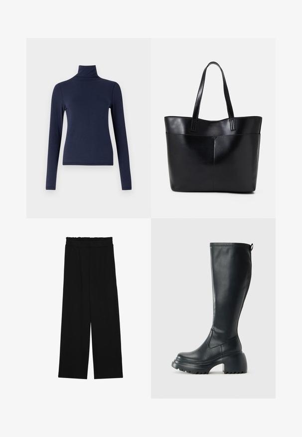 Marinblå långärmad polotröja i mjukt och lätt tyg. Åtsittande design med slät struktur och minimala sömmar. Inga synliga mönster eller detaljer.; Svarta vida byxor med en volang vid midjan, med två sidofickor och ett slätt, lätt tyg. Inga synliga mönster eller detaljer.; Höga svarta läderstövlar med kraftig plattformssula och blockklack, med dragflik och strukturerat mönster på yttersulan.; Svart läder tote-väska med två långa handtag, en slät yta och en strukturerad form. Har en framficka för extra förvaring.