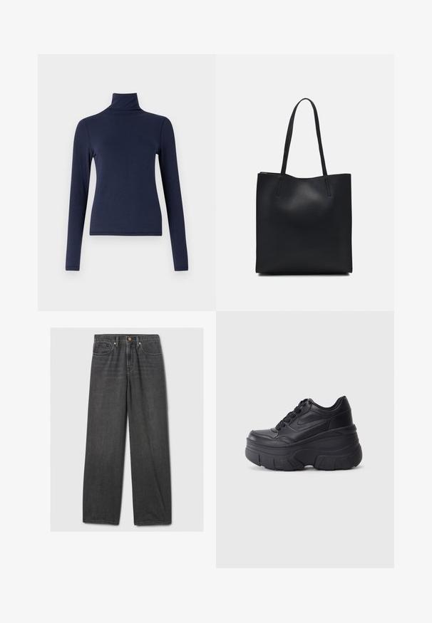 Sötétkék, hosszú ujjú garbó felső puha, könnyű anyagból. Testhezálló fazon, sima textúrával és minimális varrásokkal. Nincsenek látható minták vagy díszítések.; Fekete, egyenes szabású farmernadrág, öt zsebbel, réz szegecsekkel és tiszta szegéllyel, látható minták vagy kopás nélkül.; Fekete fűzős sportcipők vastag talppal, sima bőrből készült felső résszel, kerek orral és jellegzetes, réteges platform dizájnnal.; Fekete bőrtáska sima felszínnel, téglalap alakú, két hosszú füllel. Nincs látható fémkiegészítő vagy díszítés.