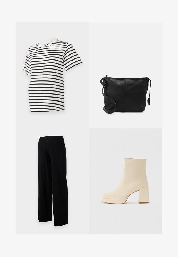 Tricou striped alb și negru cu mâneci scurte, decolteu rotund, fabricat dintr-un material moale de bumbac. Are dungi orizontale uniforme și o croială lejeră.; Pantaloni negri cu croială largă, prevăzuți cu un bazin elastic și o textură netedă, elastică. Au un design simplu, fără modele sau ornamentații.; Cizmă de gleznă din piele bej, cu toc pătrat și talpă platformă, cu un finisaj neted și vârf ușor pătrat, orientată spre stânga pe fundal alb.; Geantă de umăr din piele neagră, cu o formă plată, accente de metal auriu și o curea ajustabilă. Textură netedă cu detalii de cusătură minime.