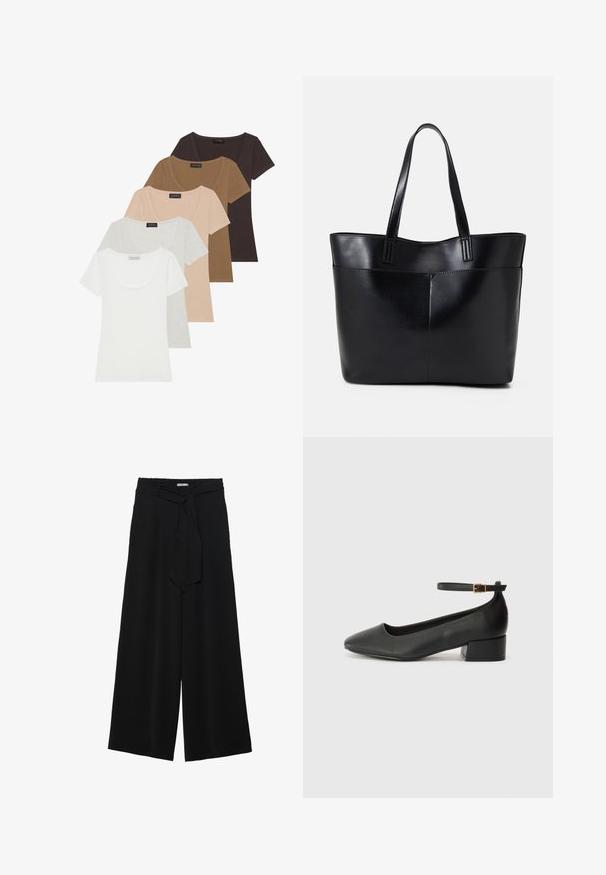Set med fem t-shirts med kort ärm i olika färger: vit, ljusgrå, beige, brun och mörkbrun. Varje tröja har en rundad halsringning.; Svarta vida byxor med texturerad tyg, elastisk midja och en avtagbar käppknut i midjan för justerbar passform.; Svart läderpump med spetsig tå och en låg klack. Har en ankelsnodd med en guldtonad spänne. Slät textur.; Svart läder tote-väska med två långa handtag, en slät yta och en strukturerad form. Har en framficka för extra förvaring.