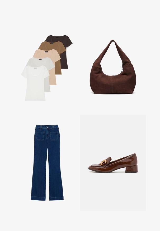 Set di cinque t-shirt a manica corta in vari colori: bianco, grigio chiaro, beige, marrone e marrone scuro. Ognuna ha un design con scollatura a barca.; Jeans a zampa d'elefante in denim di colore blu scuro, con una consistenza liscia, design a cinque tasche e chiusura a bottone in vita.; Mocassini in pelle marrone con finitura lucida, caratterizzati da una fibbia dorata decorativa sulla parte anteriore e un tacco basso a blocco. Design classico.; Borsa hobo in suede marrone con una maniglia curva e larga e un'ampia apertura. Tessuto morbido con dettagli di cucitura visibili lungo i bordi.