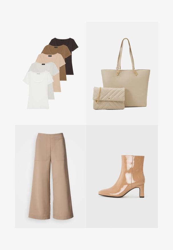 Set of five short-sleeve t-shirts in various colors: white, light gray, beige, brown, and dark brown. Each has a scoop neck design.; Wide-leg trousers in a light beige fabric. Features two front patch pockets, flat waistband, and smooth texture with a tailored finish.; Nude patent ankle boots with a pointed toe, a shiny finish, and a mid-height block heel. Smooth texture and sleek silhouette.; Beige tote bag with flat handles, smooth texture, and gold hardware, paired with a matching quilted clutch featuring a chain strap.