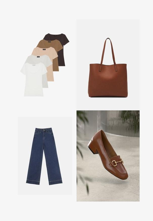 Conjunto de cinco camisetas de manga corta en varios colores: blanco, gris claro, beige, marrón y marrón oscuro. Cada una tiene un diseño de escote redondo.; Jeans de pierna ancha en denim azul oscuro. Presenta cinco bolsillos, trabillas para cinturón y un dobladillo sin acabados en la parte inferior con detalles de costura visibles.; Mocasines de charol marrón con punta cuadrada, acento de cadena metálica y tacón bajo; textura suave, diseño minimalista.; Bolso tote de cuero marrón con una textura suave, diseño de apertura superior y dos correas para el hombro. Presenta una costura mínima y sin herrajes visibles.