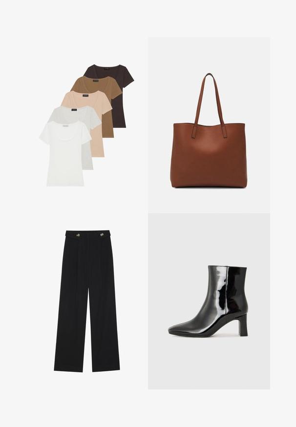 Set od pet majica kratkih rukava u raznim bojama: bijela, svijetlosiva, bež, smeđa i tamnosmeđa. Svaka ima dizajn s izrezom u obliku slova U.; Crne hlače širokih nogavica s visokim strukom, s dugmadi na pojasu i prednjim nabora.; Crne lakirane kožne gležnjače s šiljastim prstom i srednje visokom blok petom. Glatka tekstura i minimalistički dizajn.; Smeđa kožna torba preko ramena s glatkom teksturom, otvorenim vrhom i dvjema naramenicama. Ima minimalne šavove i nema vidljivog hardvera.