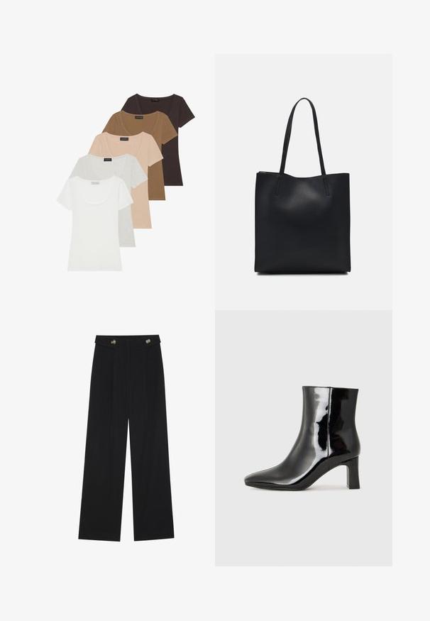 Setti viisi lyhythihaista t-paitaa eri väreissä: valkoinen, vaaleanharmaa, beige, ruskea ja tummanruskea. Jokaisessa on kaareva pääntie.; Mustat leveälahkeiset housut, joissa on korkea vyötärö, napit vyötärönauhassa ja etupuolella laskokset.; Musta patenttilakattu nilkkuri, jossa on terävä kärki ja keskipitkä lohkarekorko. Silkkinen pinta ja minimalistinen muotoilu.; Mustapahkainen kangaskassi, jossa on sileä pinta, suorakaiteen muotoinen ja kaksi pitkää kahvaa. Ei näkyvää metalliosaa tai koristeita.