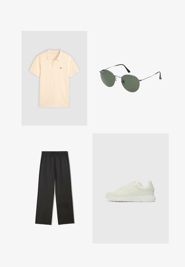 Polo shirt in licht crème kleur, gemaakt van zachte katoen, met een klassieke kraag, korte mouwen en een klein rood Levi's logo op de linkerkant van de borst.; Zwarte broek met elastische taille, trekkoord en zijzakken, voorzien van een losse pasvorm en rechte pijpen.; Witte leren sneaker met een textuur bovenkant, ronde neus, vlakke witte zool en tonale veters. Subtiele branding op de tong.; Metalen zonnebril met ovale groene lenzen. Dunne zilveren metalen rand en zwarte oorstoppers. Minimalistisch ontwerp, zonder zichtbare logo's.