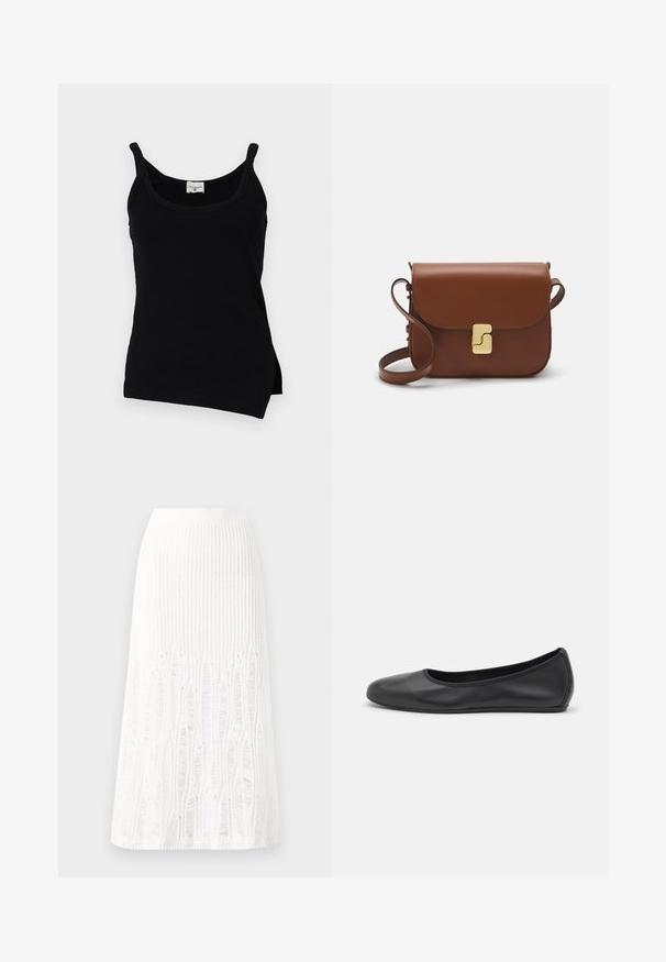 Čierny rebrovaný top bez rukávov s tenkými ramienkami, zaobleným lemom a bočnými rozparkami. Tkanina vyzerá hladko s miernym elastickým efektom. Značková nálepka viditeľná na výstrihu.; Pletená biela midi sukňa s textúrovaným vzorom s vertikálnymi pruhmi a výrezmi v blízkosti dolného okraja. Elastický pás. Mäkkučký materiál.; Čierne kožené baleríny s okrúhlou špičkou, hladkým povrchom, minimálnym prešívaním a flexibilným dizajnom podrážky.; Hnedá kožená kabelka s klopou, zlatými kovovými prvkami, ramenným popruhom a hladkým povrchom. Kompaktný obdĺžnikový tvar.