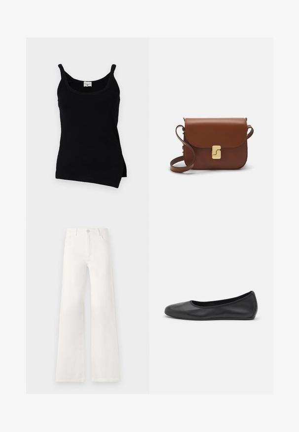 Black ribbed tank top with thin straps, curved hem, and side slits. Fabric appears smooth with a slight stretch. Brand label visible at neckline.; White, high-waisted wide-leg jeans made of denim. Features a button closure, two front pockets, and side seams with stitching details.; Black leather ballet flat with a rounded toe, smooth texture, minimal stitching detail, and a flexible sole design.; Brown leather handbag with a flap closure, gold-tone hardware, a shoulder strap, and a smooth texture. Compact rectangular shape.