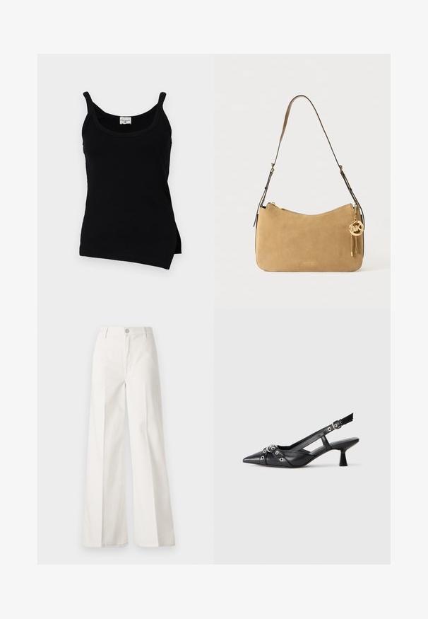 Crna rebrasta majica bez rukava s tankim trakama, zakrivljenim donjim rubom i bočnim prorezima. Tkanina izgleda glatko s laganim rastezanjem. Oznaka branda vidljiva na izrezu.; Bijele široke hlače izrađene od pamuka s glatkom teksturom. Imaju prednji gumb, patentni zatvarač i dizajn s četiri džepa.; Crne kožne cipele s remenom oko pete, s izduženim vrhom, dekorativnim trakama s metalnim rupama i niskom blok petom. Teksturirana površina.; Tamnasta kožna torba s ravnim oblikom, zlatnim detaljima i zatvaranjem na patentni zatvarač. Ima privjesak s inicijalima "MK."