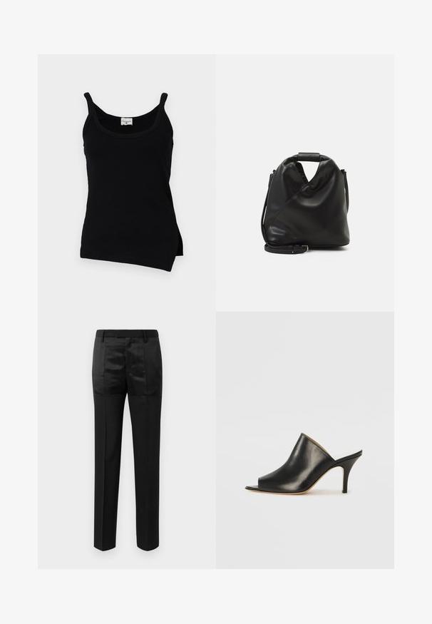 Top fără mâneci de culoare neagră, cu dantelă subțire, hem curbat și fante laterale. Materialul pare neted și are o ușoară elasticitate. Eticheta brandului este vizibilă la decolteu.; Pantaloni negri, croiți pe corp, cu picioare drepte și talie cu curea, având un amestec de panouri de țesătură mată și lucioasă.; Mule din piele neagră, cu vârf deschis, cu un design elegant și curbat, toc înalt subțire și textură netedă. Interiorul are o culoare deschisă contrastantă.; Geantă din piele moale, neagră, cu un design unic, răsucit. Dispune de o mânere scurtă și o curea de umăr detașabilă. Stil minimalist.